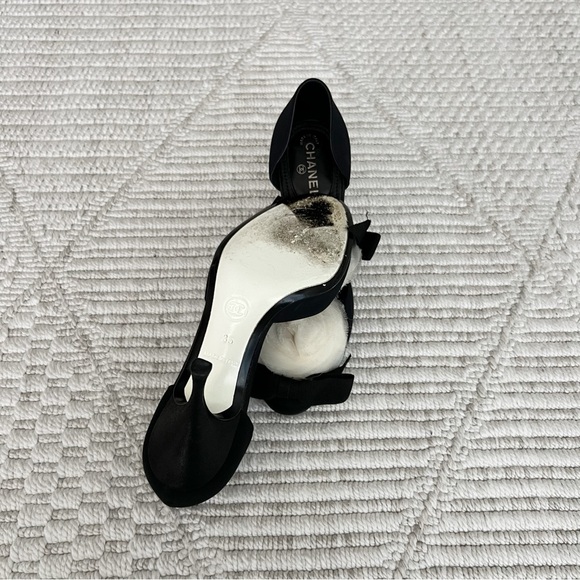 Chanel Black Satin D’orsay Camelia White Flower And Bow Pumps